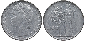 Италия 100 лир 1956 R, Афина в доспехах KM 96.1 нержавеющая сталь 4123-1226