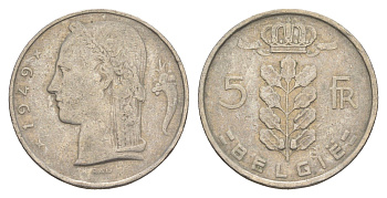 Бельгия 5 франков 1949 Belgie, Леопольд III (1934-1951) KM 135 медно-никель 4539-253
