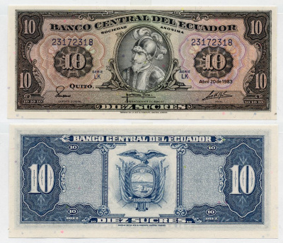 Эквадор 10 сукре 1983 Себастьян де Белалькасар Pick 114b бумага aUNC 6352-1-3
