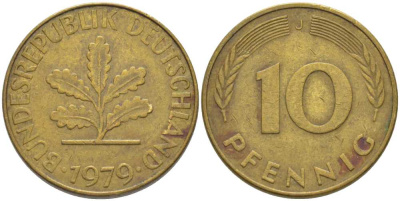 ФРГ 10 пфеннигов 1979 J KM 108, J. 383 сталь плакированная латунью 175-746