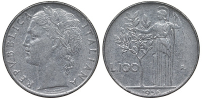 Италия 100 лир 1956 R, Афина в доспехах KM 96.1 нержавеющая сталь 4123-1226