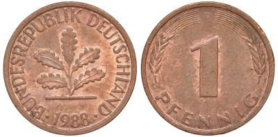 ФРГ 1 пфенниг 1988 D KM 105, J.380 сталь плакированная медью 4174-448