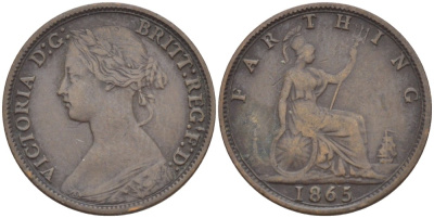 Великобритания 1 фартинг 1865 Виктория (1837-1901) KM 747.2, Spink 3958 бронза 4543-842
