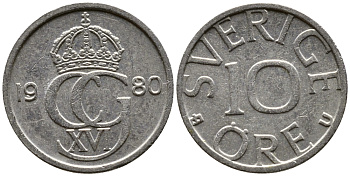 Швеция 10 эре 1980 Карл XVI Густав (1973- ) KM 850 медно-никель 29-1161
