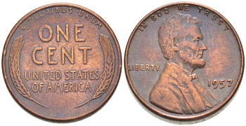 США 1 ЦЕНТ 1957 ЛИНКОЛЬН KM А132 медь цинк 3309-1162