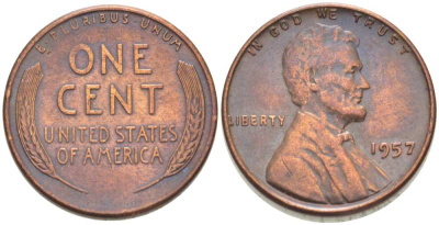 США 1 ЦЕНТ 1957 ЛИНКОЛЬН KM А132 медь цинк 3309-1162