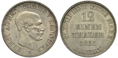 Ганновер 1/12 талера 1851 B, Эрнст Август (1837-1851) KM 206, AKS 115 серебро aUNC 1519-1445
