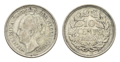Нидерланды 10 центов 1936 Вильгельмина I (1890-1948) KM 163 серебро 4659-1154