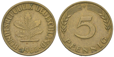 ФРГ 5 пфеннигов 1968 F KM 107, J. 382 сталь плакированная латунью 4147-219