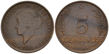 Люксембург 5 сантимов 1930 Шарлотта (1918-1964) KM 40 бронза 4602-418