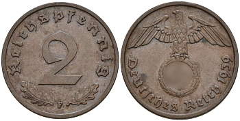 Германия 2 рейхспфеннига 1939 F KM 90, J. 362 бронза 4151-148