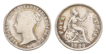Великобритания 4 пенса 1848 Виктория (1837-1901) KM 731, Spink 3913 серебро 1520-1314