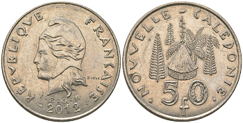 Французская Новая Каледония 50 франков 2012 хижина среди сосен и пальм, (IEOM) KM 13a, Schoen 15a, Lec 128i медно-никель 115-1133