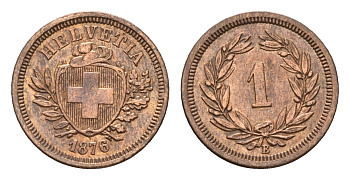 Швейцария 1 раппен 1876 B KM 3.1 бронза 1530-1142