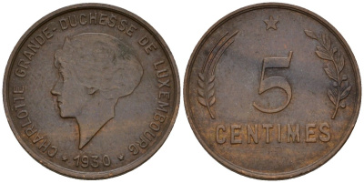 Люксембург 5 сантимов 1930 Шарлотта (1918-1964) KM 40 бронза 4602-418