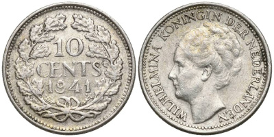 Нидерланды 10 центов 1941 Вильгельмина I (1890-1948) КМ 163 серебро 4549-1054