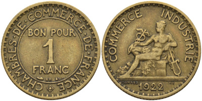 Франция 1 франк 1922 KM 876, Le Franc 218.5 алюминиевая бронза 4142-625