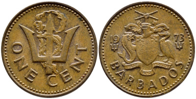 Барбадос 1 цент 1973 сломанный трезубец Британии KM 10 бронза 4396-1243