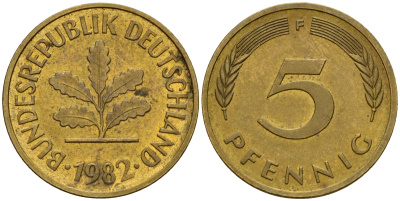 ФРГ 5 пфеннигов 1982 F J.382, KM 107 сталь плакированная латунью  4598-1051