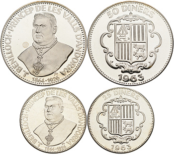 Андорра 25 и 50 динеров 1963 кардинал Хуан Батиста Бенльок-и-Виво, тираж 1350 и 3350 экз. KM X 7, X 8 серебро PROOF 1095-1-43