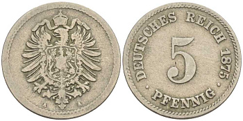 ГЕРМАНИЯ 5 ПФЕННИГОВ 1875 А, СТАРОГЕРБОВКА KM 3, J. 3 медно-никель 100-414