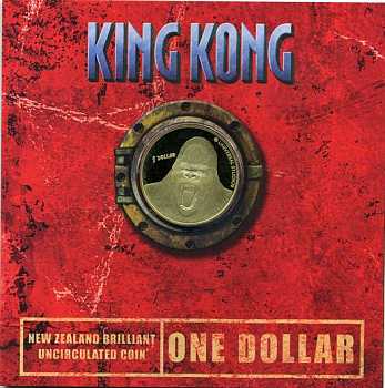 Новая Зеландия 1 доллар 2005 Кинг Конг, в оригинальном буклете, цветная эмаль KM 159 алюминиевая бронза UNC 1-4-4-18