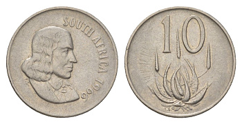 ЮАР 10 центов 1966 Ян ван Рибек (1619-1677), South Africa, легенда на африкаанс, цветок алоэ KM 68.1 никель 4627-218