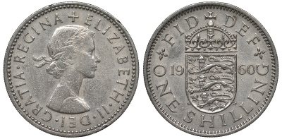 Великобритания 1 шиллинг 1960 Елизавета II (1952-2022), Английский герб KM 904, Spink 4147 медно-никель 4122-1041