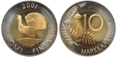 ФИНЛЯНДИЯ 10 МАРОК 2001 ГЛУХАРЬ, НАБОРНАЯ биметалл UNC 3334-911