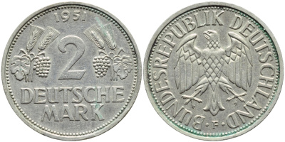 ФРГ 2 марки 1951 F КМ 111 J.386 медно-никель плакированный никелем 85-444