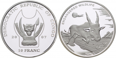 Конго 10 франков 2007 серия исчезающие животные, антилопа серебро PROOF 04-268-33 М19-20