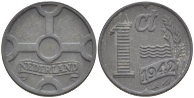 НИДЕРЛАНДЫ 1 ЦЕНТ 1942 ВИЛЬГЕЛЬМИНА I (1891-1948), ГЕРМАНСКАЯ ОККУПАЦИЯ, ВТОРАЯ МИРОВАЯ ВОЙНА KM 170 цинк 4532-1139