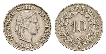 Швейцария 10 раппенов 1928 B KM 27 медно-никель 4627-1031