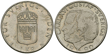 Швеция 1 крона 1990 Карл XVI Густав (1973- ) KM 852a медно-никель 114-1125