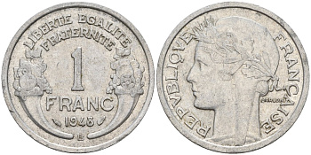 Франция 1 франк 1948 B KM 885a.2 алюминий 4142-1011