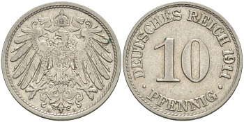 Германия 10 пфеннигов 1911 A KM 12, Jager 13, Weege 8 медно-никель 219-213