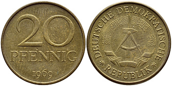 ГДР 20 пфеннигов 1969 A, первый год KM 11 латунь 4398-755