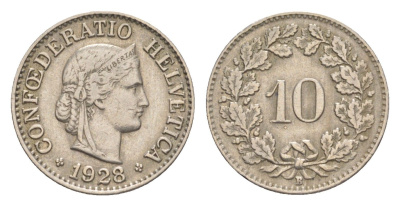 Швейцария 10 раппенов 1928 B KM 27 медно-никель 4627-1031