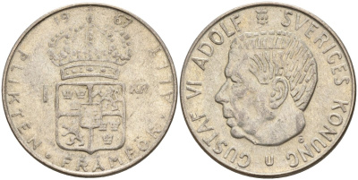 Швеция 1 крона 1967 U, Густав VI Адольф (1950-1973) KM 826 серебро 4150-224