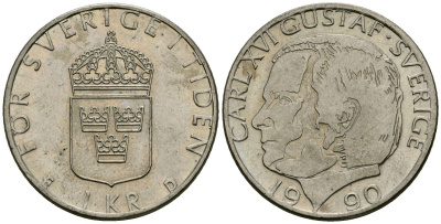 Швеция 1 крона 1990 Карл XVI Густав (1973- ) KM 852a медно-никель 114-1125