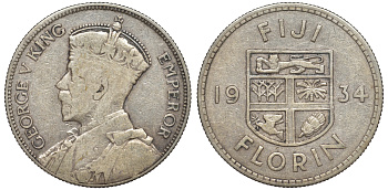 Фиджи 1 флорин 1934 Георг V (1910-1936), герб Фиджи KM 5 серебро    91-1114