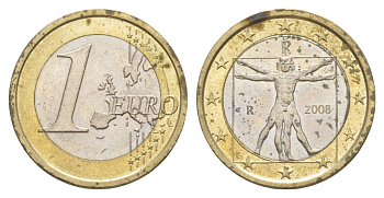 Италия 1 евро 2008 Витрувианский человек KM 250 биметалл 4629-433