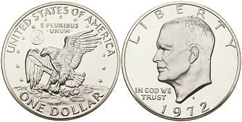 США 1 доллар 1972 S, Президент Эйзенхауэр, лунный орел KM 203a серебро  PROOF  1095-9-32