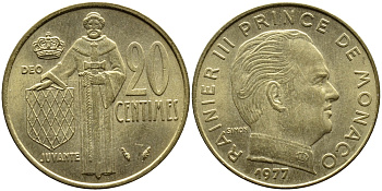 Монако 20 сантимов 1977 Ренье III (1949-2005) KM 143 алюминиевая бронза 4393-1244