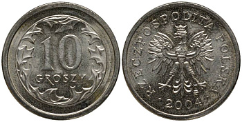 Польша 10 грошей 2004 MW KM 279 медно-никель UNC 218-357