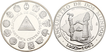 Никарагуа 1 кордоба 1991 встреча двух миров, конкистадор и вождь индейцев KM 77 серебро PROOF 11-082-24