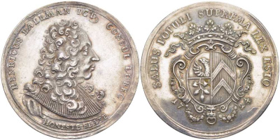 Любек медаль 1724 портрет бургомистра Хейнриха Балеманна диаметр 40,47 мм, вес 21,95 гр, about extremely fine Behrens 711 a; R?hl 300.44 серебро 00-814-08