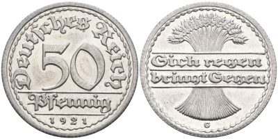 Германия 50 пфеннигов 1921 G KM 27, J.301, Weege 10 алюминий UNC 4584-734