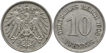 Германия 10 пфеннигов 1908 E KM 12 медно-никель 4171-245