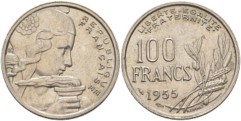 Франция 100 франков 1955 ТИП COCHET KM 919.1, Le Franc 450.4 медно-никель 4513-521